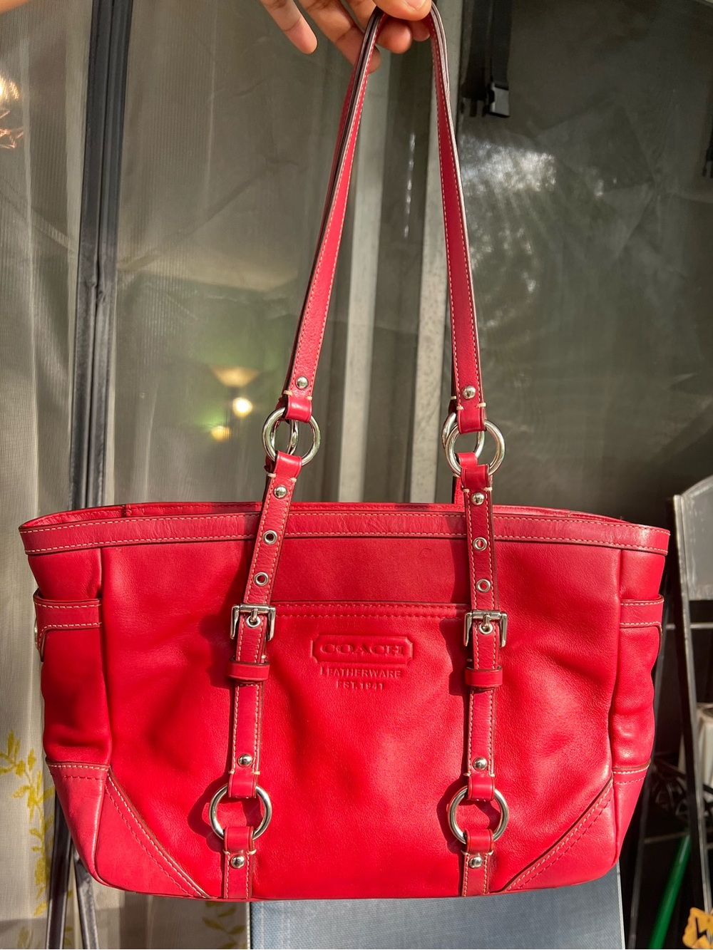 Coach Red Leather Shoulder Tote with silver hardware